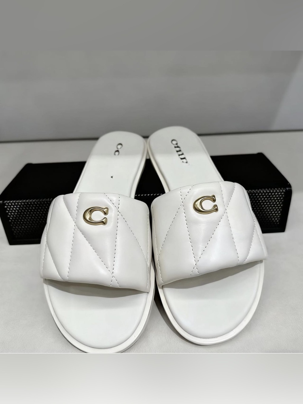 Quilted White Leather Slide Sandals with Gold 'C' Accent